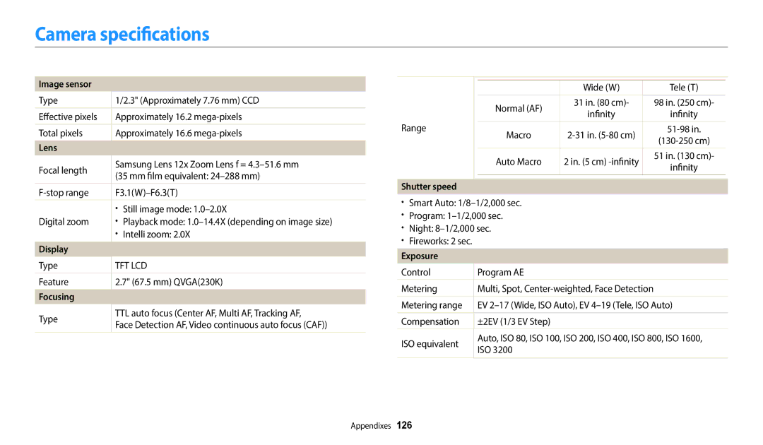 Samsung EC-WB35FZBPLE1, EC-WB37FZBDWFR, EC-WB35FZBPBFR, EC-WB35FZBPWFR, EC-WB37FZBDBFR, EC-WB37FZBDWE1 Camera specifications 