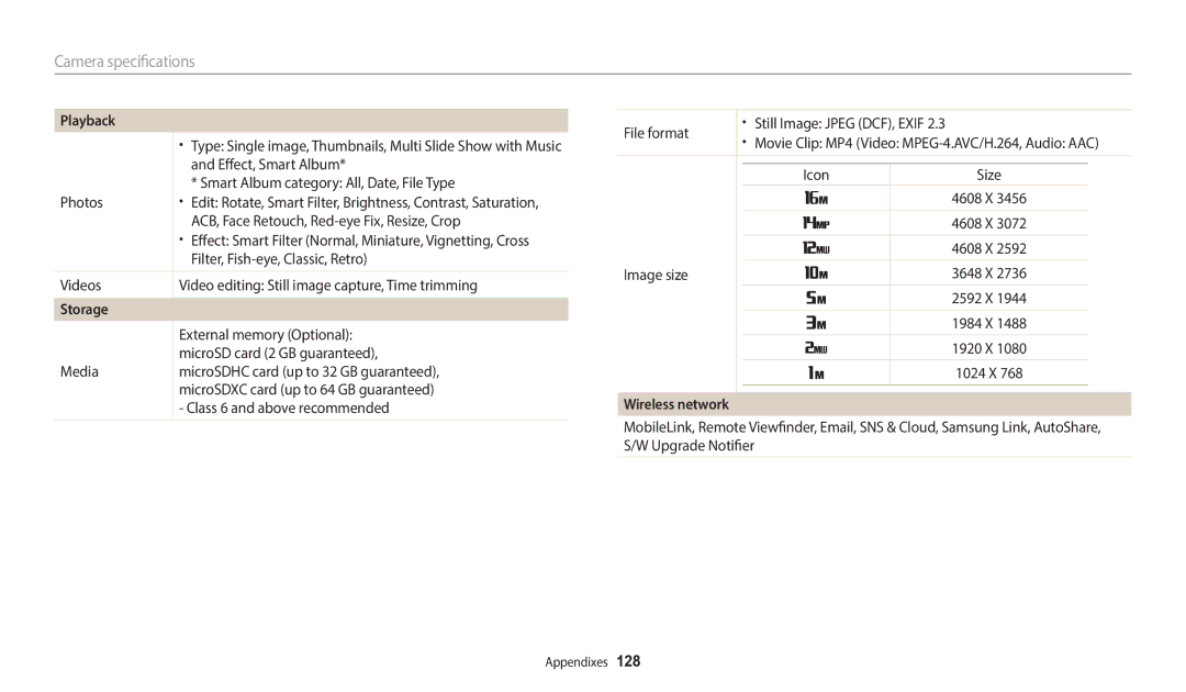 Samsung EC-WB37FZBDBE1, EC-WB37FZBDWFR, EC-WB35FZBPBFR, EC-WB35FZBPWFR, EC-WB37FZBDBFR manual Storage, Wireless network 