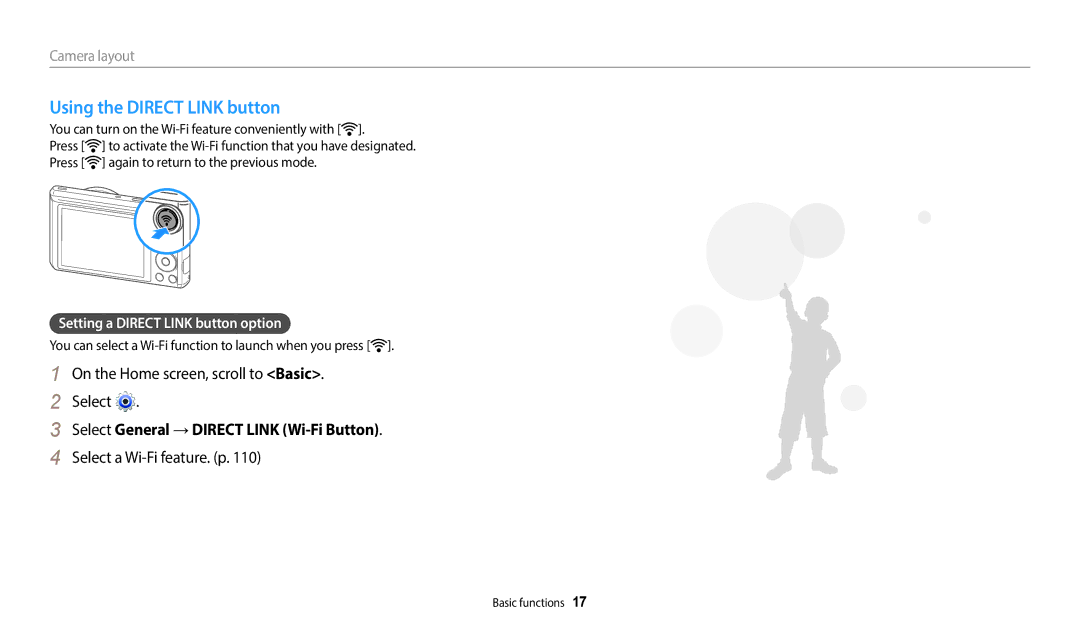 Samsung EC-WB35FZBPRRU Using the Direct Link button, On the Home screen, scroll to Basic Select, Select a Wi-Fi feature. p 