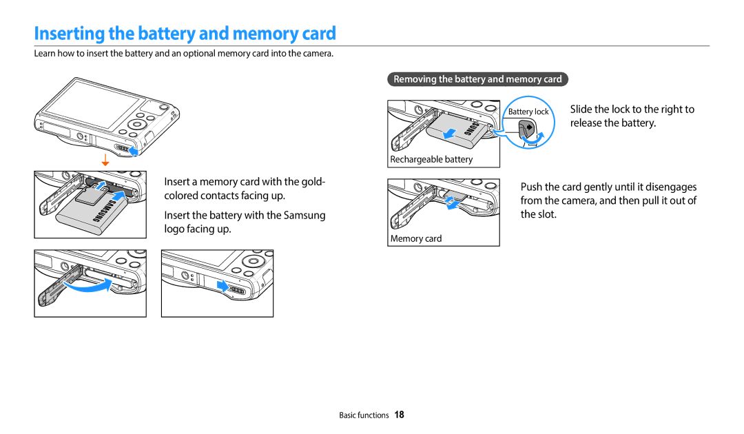 Samsung EC-WB35FZDDBZA manual Inserting the battery and memory card, Slide the lock to the right to release the battery 