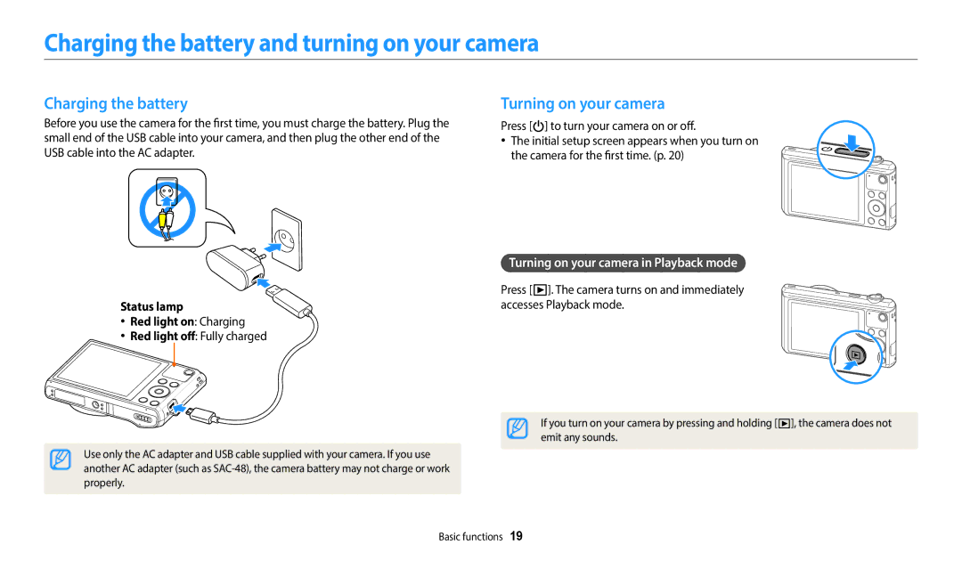 Samsung EC-WB35FZDPRME, EC-WB37FZBDWFR manual Charging the battery and turning on your camera, Turning on your camera 