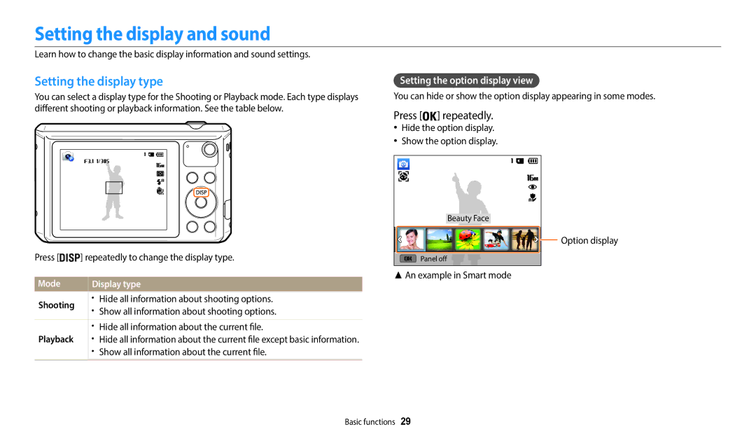 Samsung EC-WB35FZBDLM3 manual Setting the display and sound, Setting the display type, Setting the option display view 