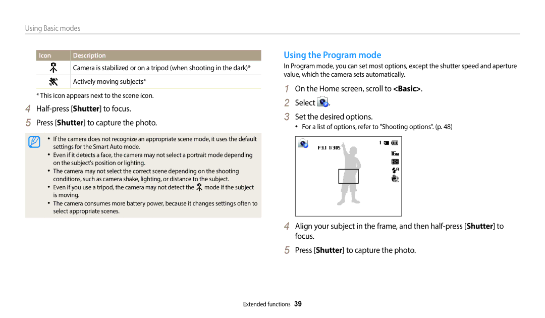 Samsung EC-WB35FZBDRM3, EC-WB37FZBDWFR, EC-WB35FZBPBFR Using the Program mode, Using Basic modes, Actively moving subjects 