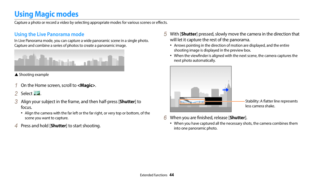 Samsung EC-WB35FZBPWE3 manual Using Magic modes, Using the Live Panorama mode, When you are finished, release Shutter 