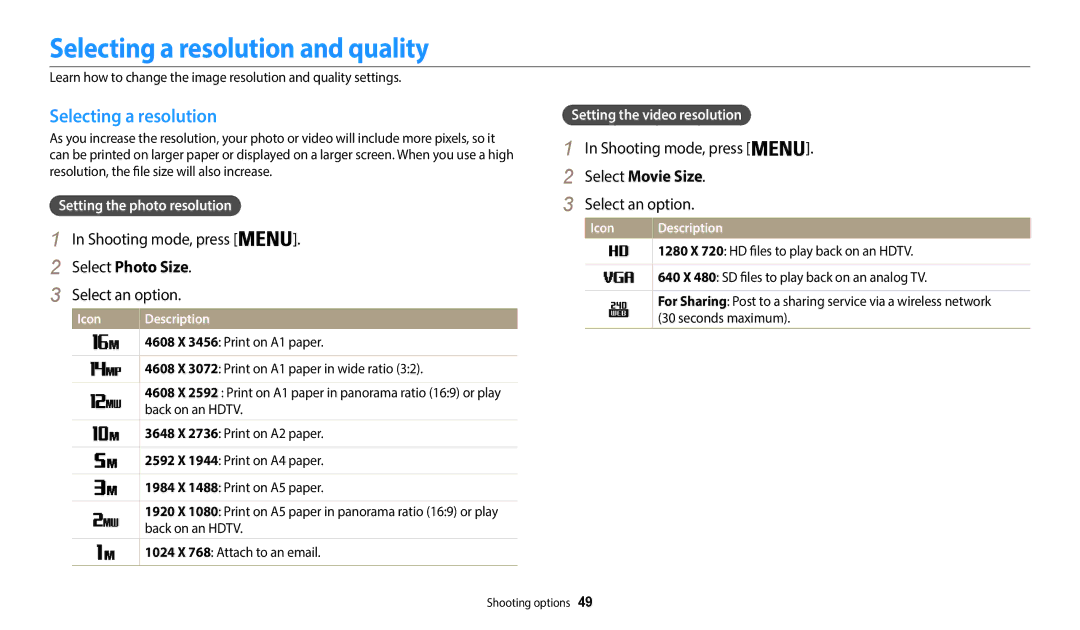 Samsung EC-WB35FZBPRE2, EC-WB37FZBDWFR manual Selecting a resolution and quality, Select Photo Size, Select Movie Size 