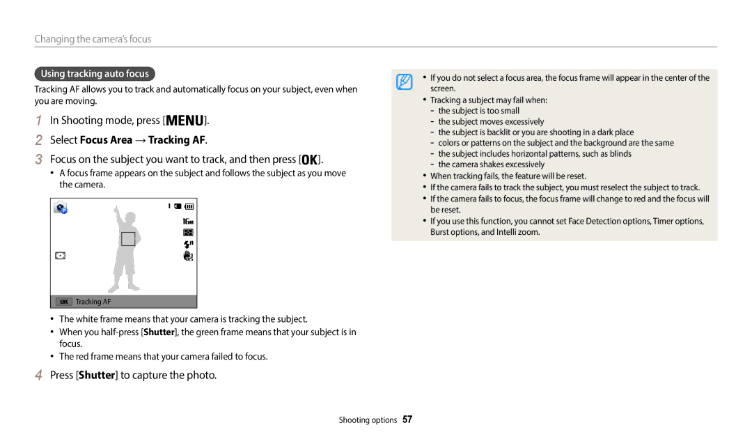 Samsung EC-WB35FZBPWIL manual Select Focus Area → Tracking AF, Focus on the subject you want to track, and then press 