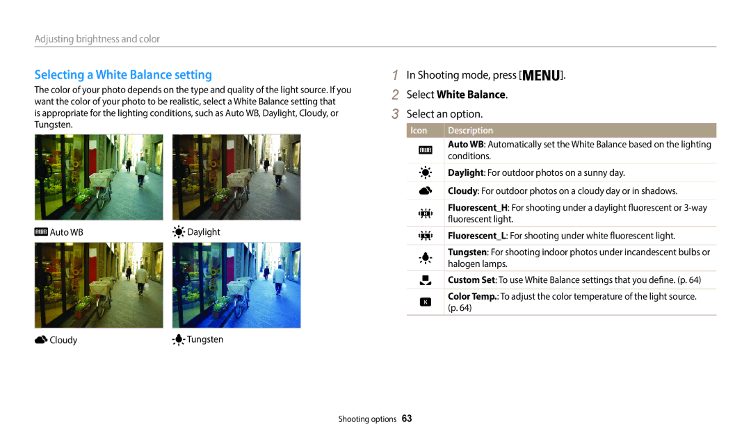 Samsung EC-WB37FZBDWE1, EC-WB37FZBDWFR, EC-WB35FZBPBFR manual Selecting a White Balance setting, Select White Balance 