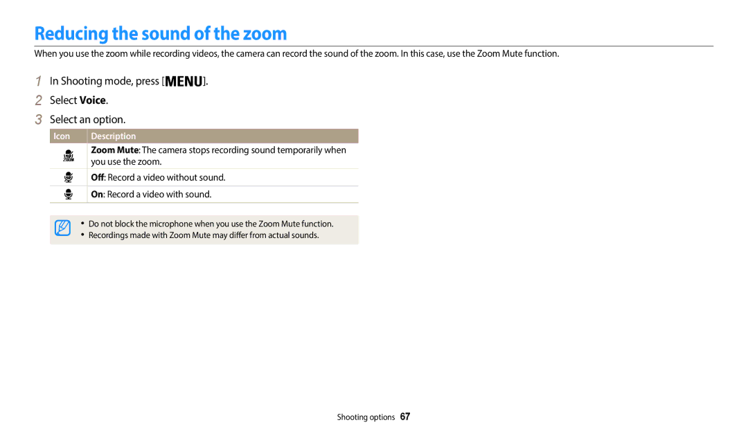 Samsung EC-WB37FZBDLE1, EC-WB37FZBDWFR Reducing the sound of the zoom, Shooting mode, press Select Voice Select an option 