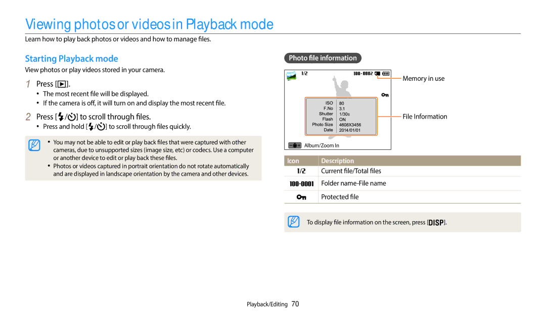 Samsung EC-WB35FZBDBJO Viewing photos or videos in Playback mode, Starting Playback mode, Press / to scroll through files 