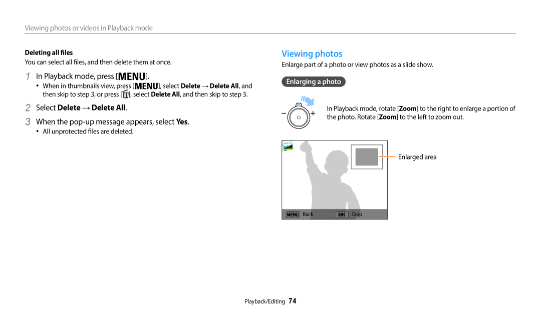 Samsung EC-WB35FZDDWME, EC-WB37FZBDWFR Viewing photos, Select Delete → Delete All, Enlarging a photo, Deleting all files 