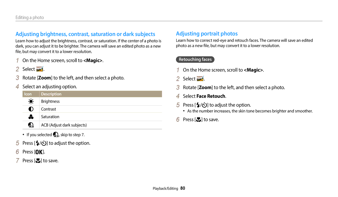 Samsung EC-WB35FZDPBZA manual Adjusting portrait photos, Press / to adjust the option Press to save, Select Face Retouch 