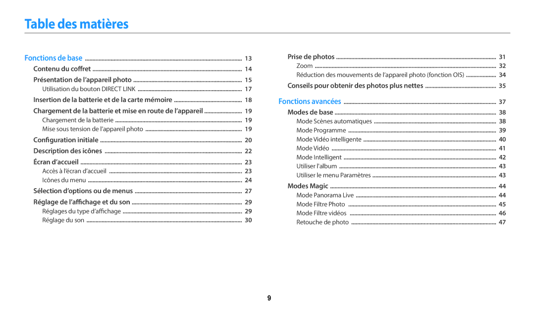 Samsung EC-WB35FZBPWFR, EC-WB37FZBDWFR manual Table des matières, Réduction des mouvements de l’appareil photo fonction OIS 