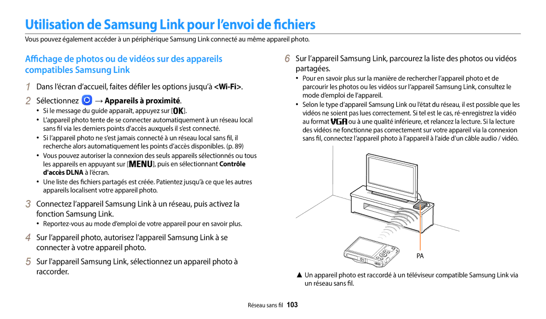 Samsung EC-WB37FZBDWFR manual Utilisation de Samsung Link pour l’envoi de fichiers, Sélectionnez → Appareils à proximité 