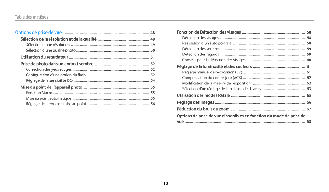 Samsung EC-WB37FZBDBFR, EC-WB37FZBDWFR, EC-WB35FZBPBFR, EC-WB35FZBPWFR manual Table﻿ des matières 