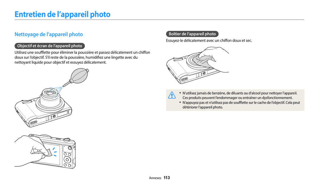 Samsung EC-WB35FZBPWFR Entretien de l’appareil photo, Nettoyage de l’appareil photo, Objectif et écran de l’appareil photo 