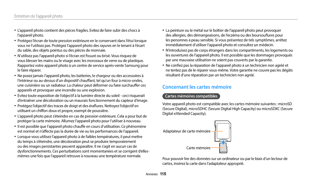 Samsung EC-WB37FZBDWFR, EC-WB35FZBPBFR, EC-WB35FZBPWFR manual Concernant les cartes mémoire, Cartes mémoires compatibles 