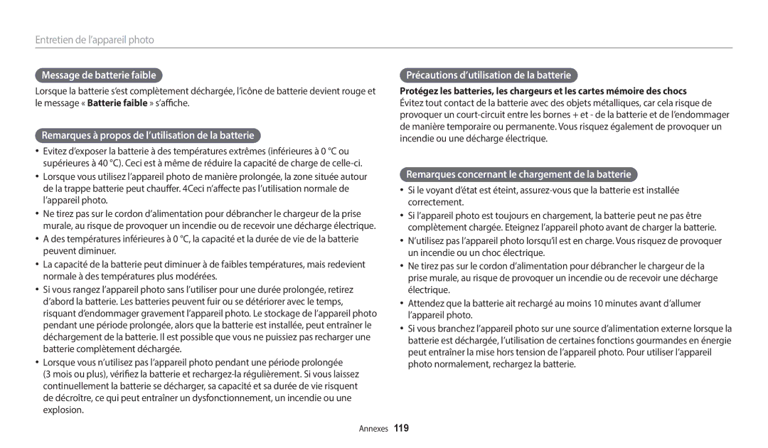 Samsung EC-WB37FZBDWFR, EC-WB35FZBPBFR manual Message de batterie faible, Remarques à propos de l’utilisation de la batterie 