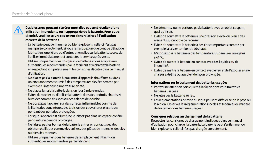 Samsung EC-WB35FZBPWFR, EC-WB37FZBDWFR, EC-WB35FZBPBFR manual Ne placez jamais la batterie dans un four à micro-ondes 