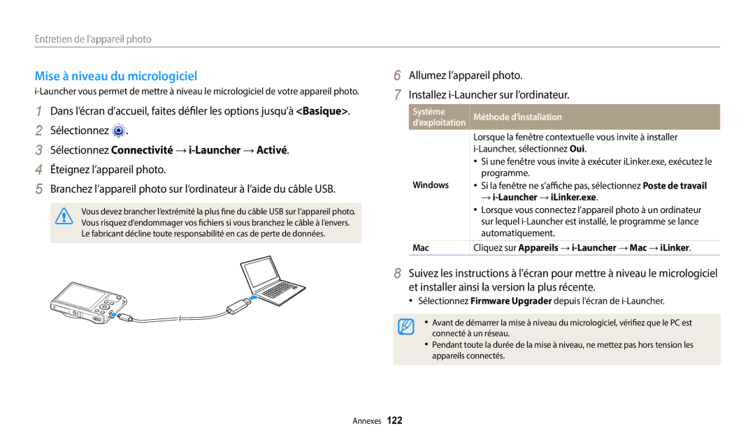 Samsung EC-WB37FZBDBFR, EC-WB37FZBDWFR Mise à niveau du micrologiciel, Sélectionnez Connectivité → i-Launcher → Activé 