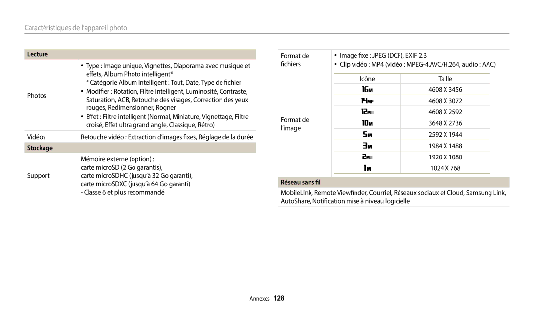 Samsung EC-WB35FZBPBFR, EC-WB37FZBDWFR, EC-WB35FZBPWFR, EC-WB37FZBDBFR manual Stockage, Réseau sans fil 