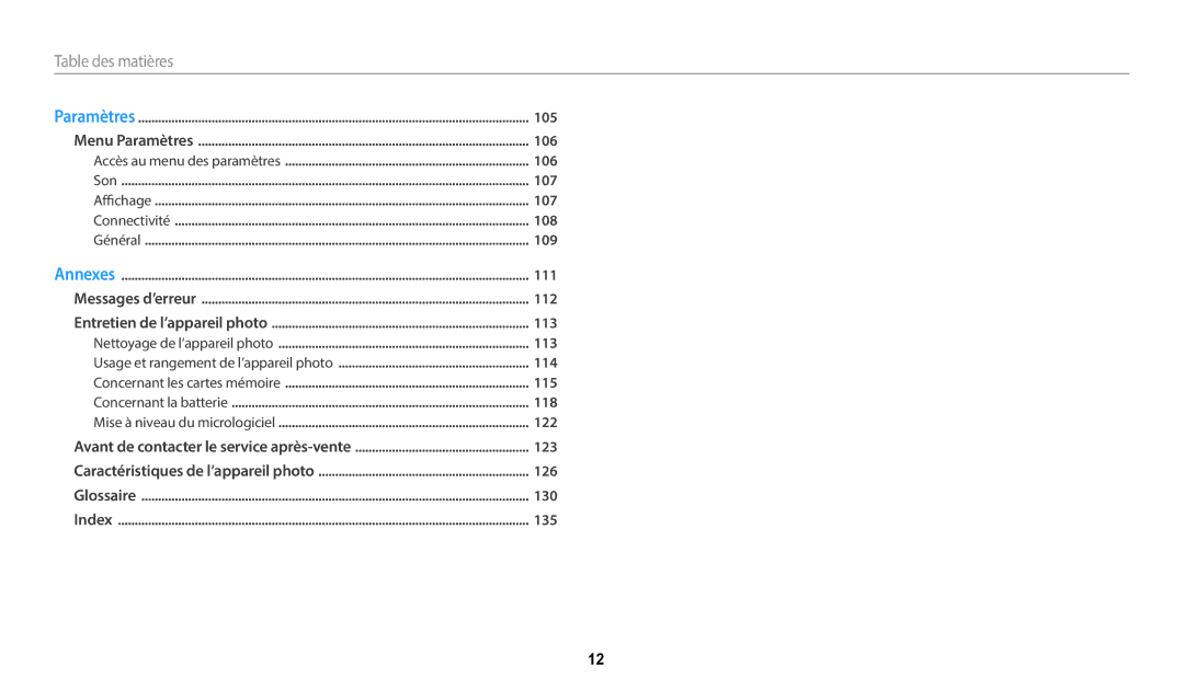 Samsung EC-WB35FZBPBFR, EC-WB37FZBDWFR, EC-WB35FZBPWFR, EC-WB37FZBDBFR manual Table﻿ Des matières 