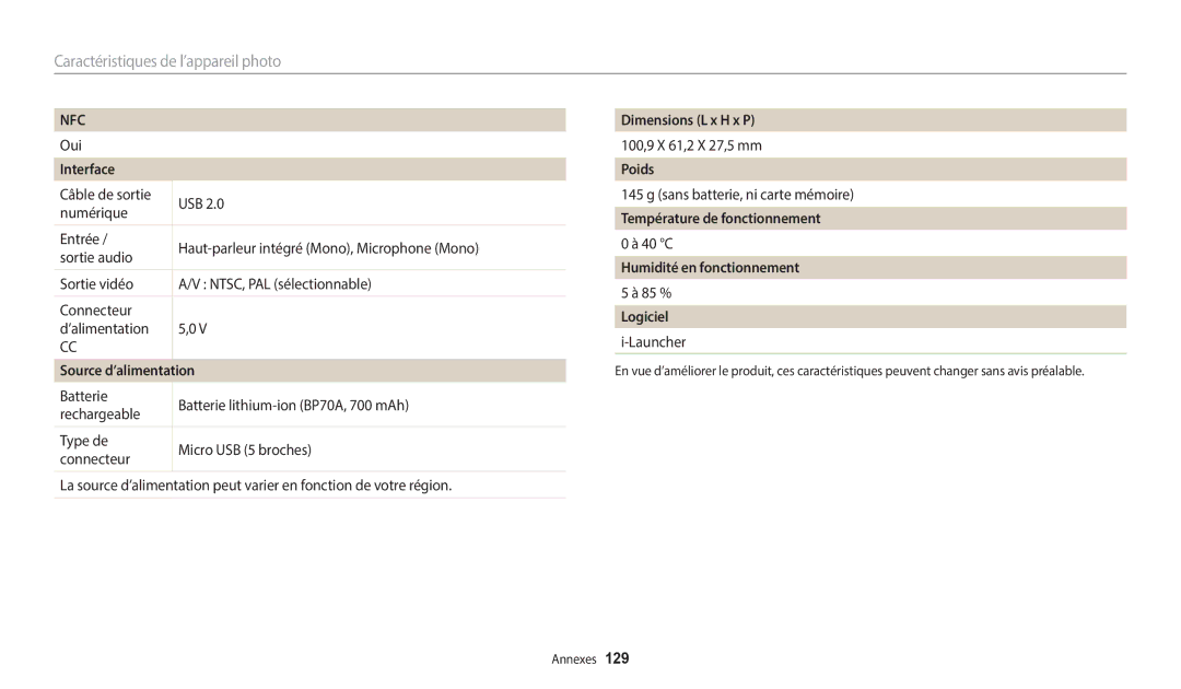 Samsung EC-WB35FZBPWFR manual Interface, Source d’alimentation, Dimensions L x H x P, Poids, Température de fonctionnement 