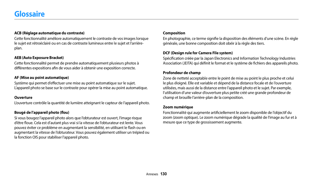 Samsung EC-WB37FZBDBFR, EC-WB37FZBDWFR, EC-WB35FZBPBFR, EC-WB35FZBPWFR manual Glossaire 