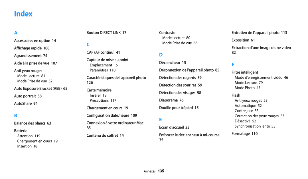 Samsung EC-WB37FZBDWFR, EC-WB35FZBPBFR Index, Mode Lecture Mode Prise de vue, Emplacement Paramètres, Insérer Précautions 