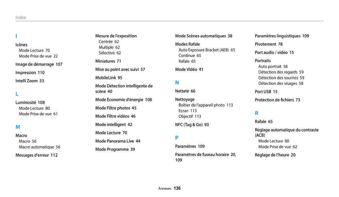 Samsung EC-WB35FZBPBFR, EC-WB37FZBDWFR, EC-WB35FZBPWFR manual Index, Macro Macro automatique, Centrée Multiple Sélective 