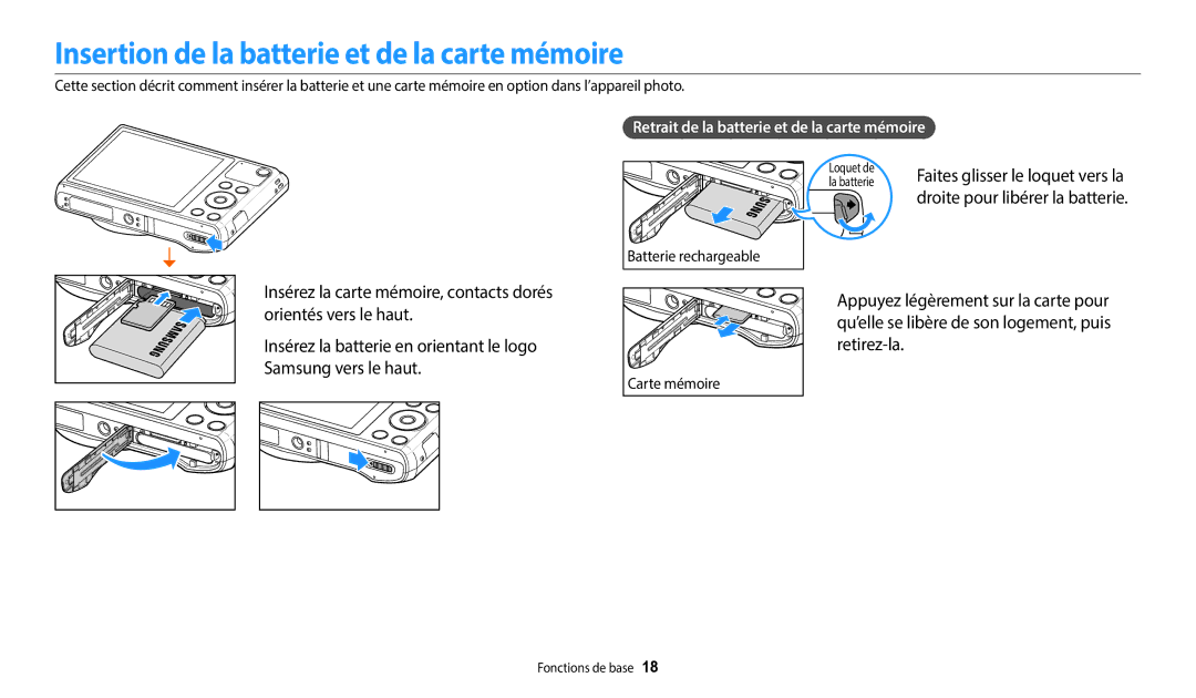 Samsung EC-WB37FZBDBFR Insertion de la batterie et de la carte mémoire, Retrait de la batterie et de la carte mémoire 