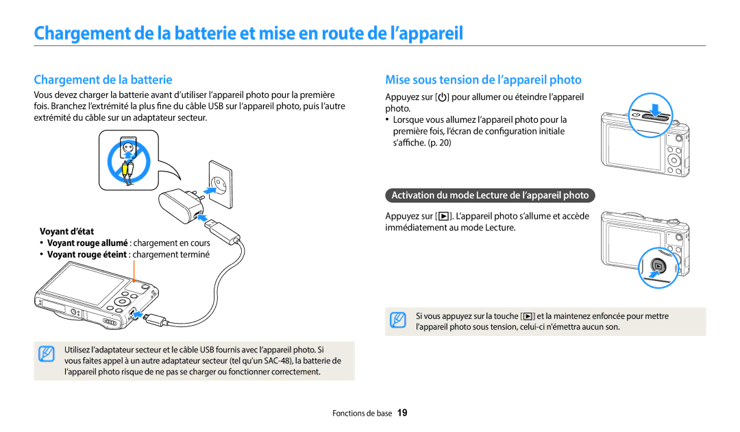 Samsung EC-WB37FZBDWFR Chargement de la batterie et mise en route de l’appareil, Mise sous tension de l’appareil photo 