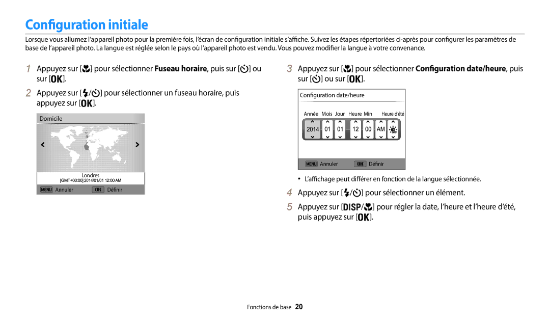 Samsung EC-WB35FZBPBFR, EC-WB37FZBDWFR, EC-WB35FZBPWFR, EC-WB37FZBDBFR manual Configuration initiale 