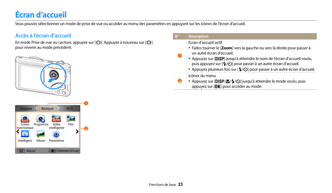 Samsung EC-WB37FZBDWFR, EC-WB35FZBPBFR, EC-WB35FZBPWFR, EC-WB37FZBDBFR manual Écran d’accueil, Accès à l’écran d’accueil 