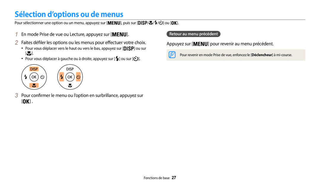 Samsung EC-WB37FZBDWFR, EC-WB35FZBPBFR manual Sélection d’options ou de menus, Appuyez sur pour revenir au menu précédent 