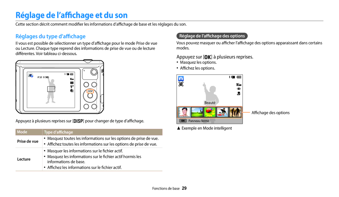 Samsung EC-WB35FZBPWFR Réglage de l’affichage et du son, Réglages du type d’affichage, Appuyez sur à plusieurs reprises 