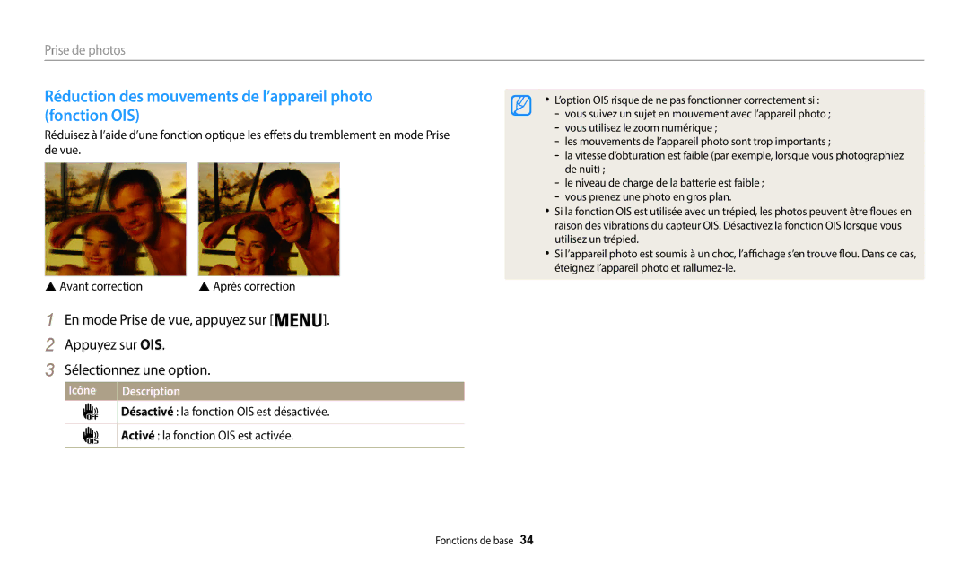 Samsung EC-WB37FZBDBFR, EC-WB37FZBDWFR, EC-WB35FZBPBFR manual Réduction des mouvements de l’appareil photo fonction OIS 