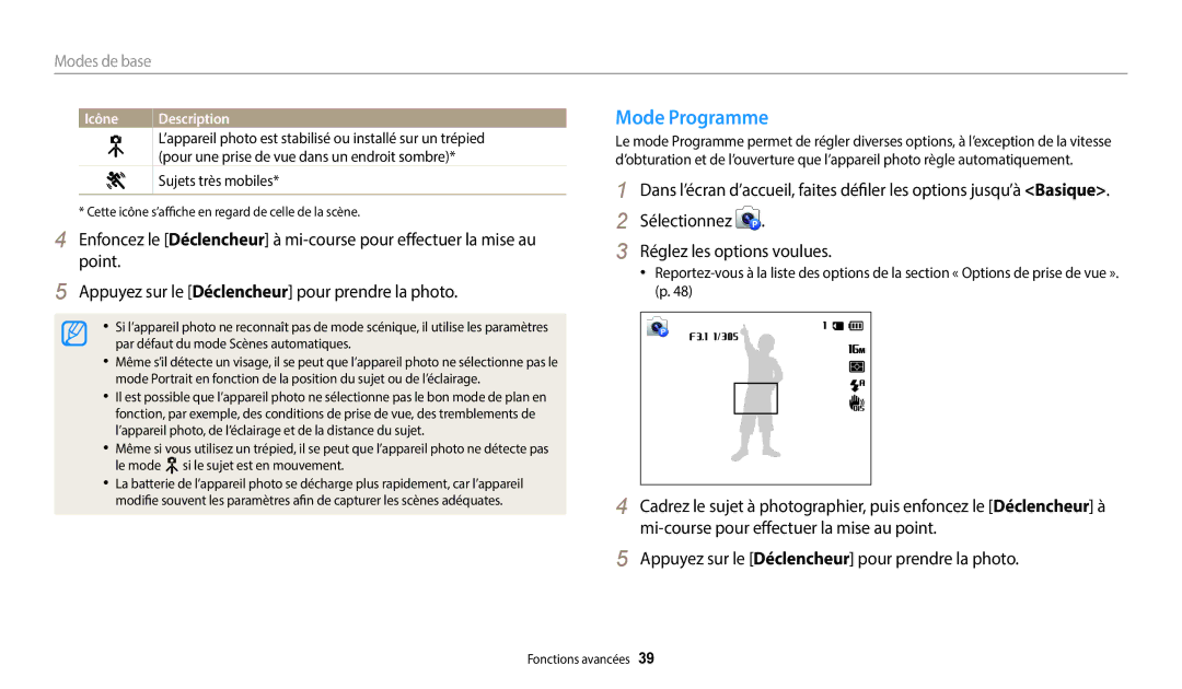 Samsung EC-WB37FZBDWFR, EC-WB35FZBPBFR manual Mode Programme, Sélectionnez Réglez les options voulues, Modes de base 