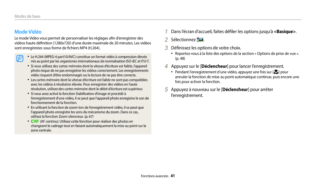 Samsung EC-WB35FZBPWFR, EC-WB37FZBDWFR, EC-WB35FZBPBFR manual Mode Vidéo, Sélectionnez Définissez les options de votre choix 