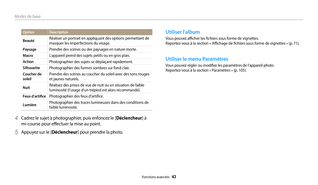 Samsung EC-WB37FZBDWFR, EC-WB35FZBPBFR, EC-WB35FZBPWFR, EC-WB37FZBDBFR manual Utiliser lalbum, Utiliser le menu Paramètres 