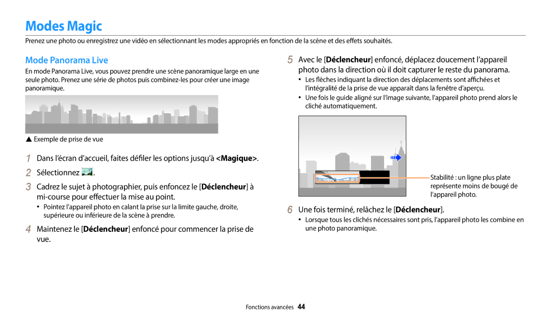 Samsung EC-WB35FZBPBFR, EC-WB37FZBDWFR manual Modes Magic, Mode Panorama Live, Une fois terminé, relâchez le Déclencheur 