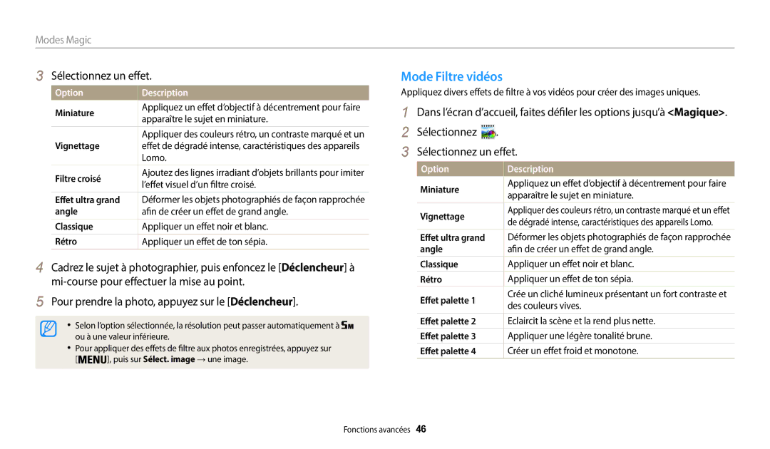 Samsung EC-WB37FZBDBFR manual Mode Filtre vidéos, Sélectionnez un effet, Pour prendre la photo, appuyez sur le Déclencheur 