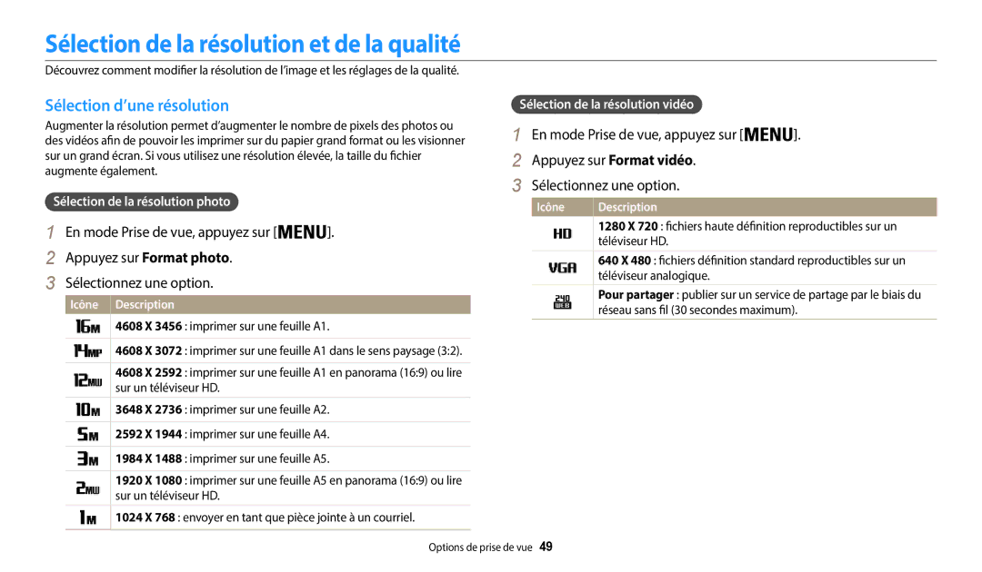 Samsung EC-WB35FZBPWFR, EC-WB37FZBDWFR manual Sélection de la résolution et de la qualité, Sélection d’une résolution 