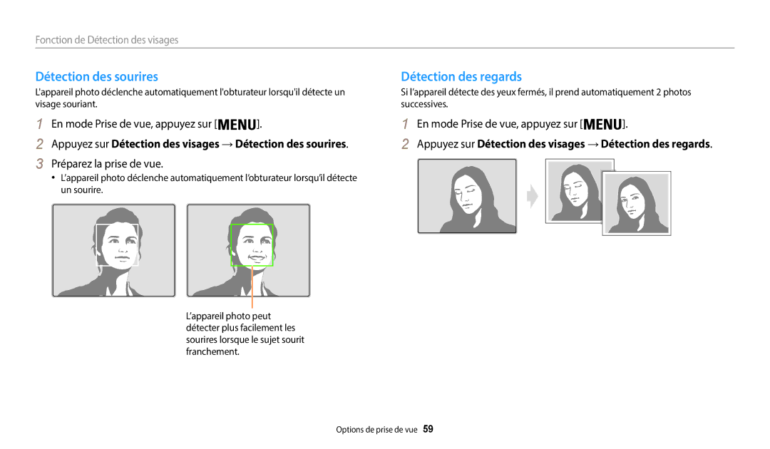 Samsung EC-WB37FZBDWFR, EC-WB35FZBPBFR manual Détection des sourires, Détection des regards, Préparez la prise de vue 