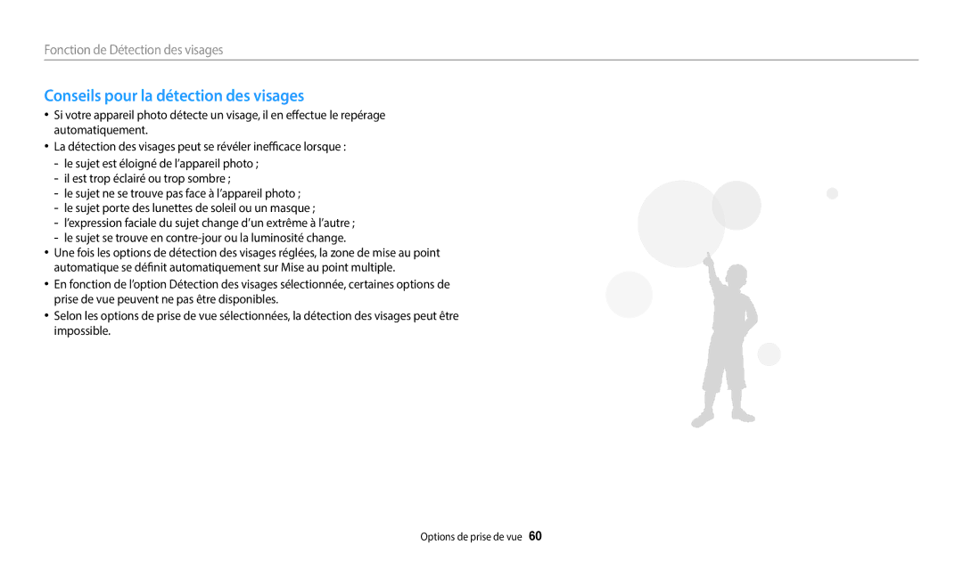 Samsung EC-WB35FZBPBFR, EC-WB37FZBDWFR, EC-WB35FZBPWFR, EC-WB37FZBDBFR manual Conseils pour la détection des visages 