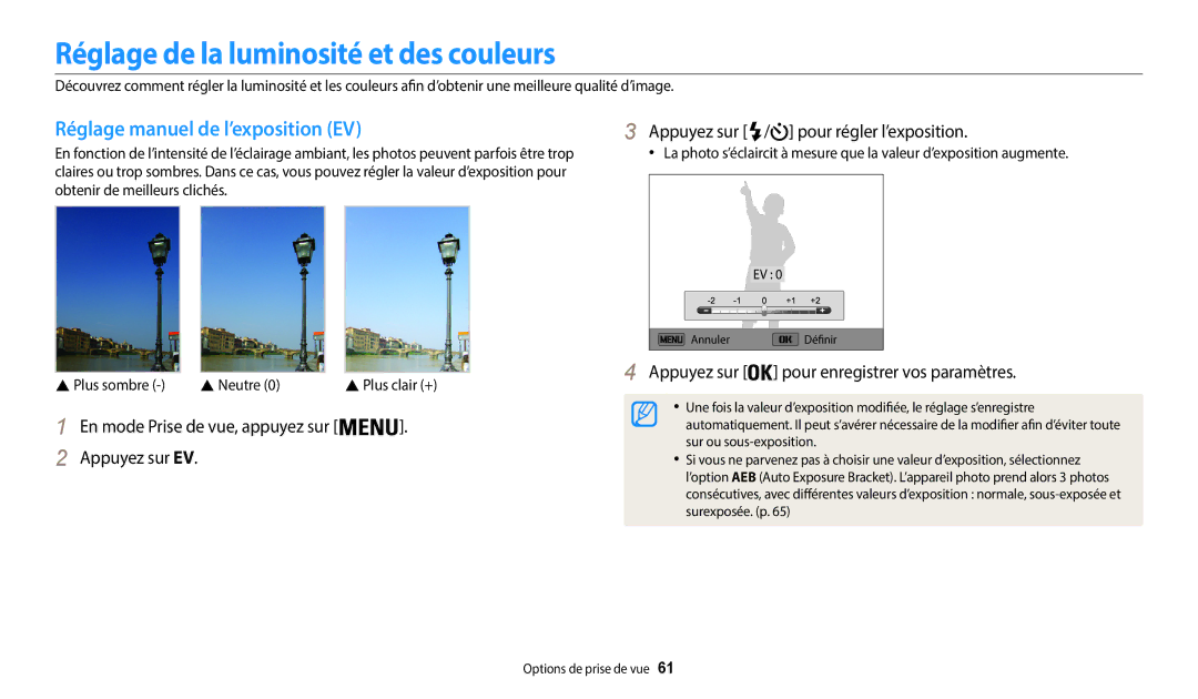 Samsung EC-WB35FZBPWFR manual Réglage de la luminosité et des couleurs, Réglage manuel de l’exposition EV,  Neutre 
