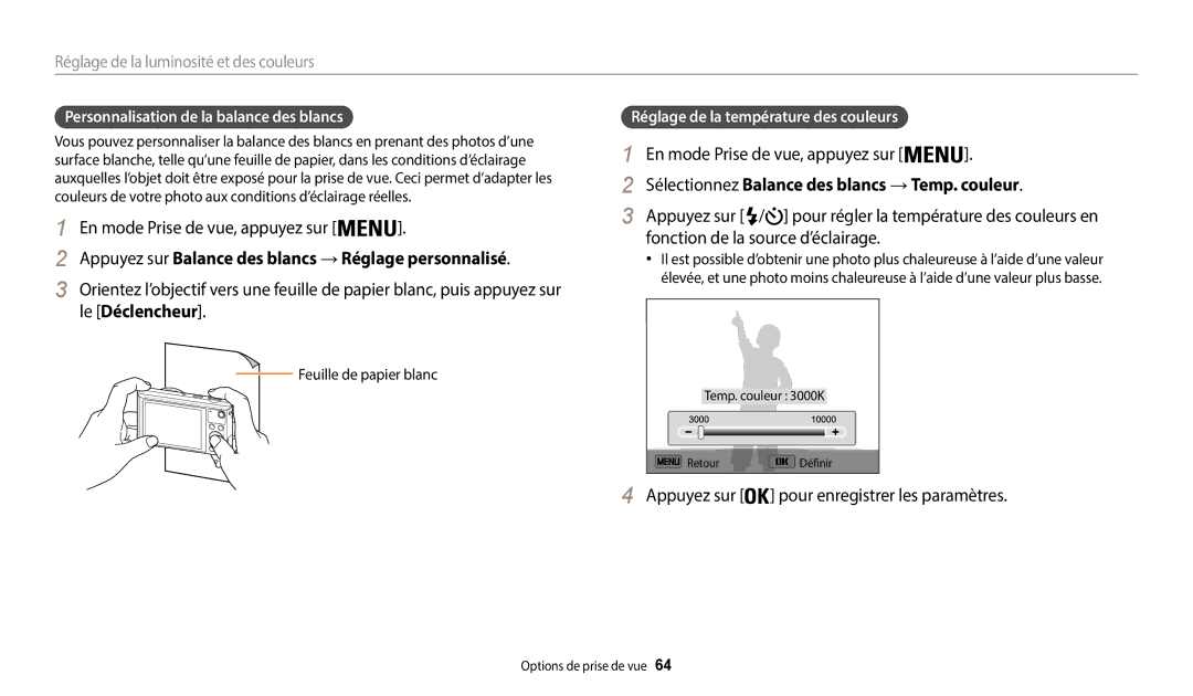 Samsung EC-WB35FZBPBFR Appuyez sur Balance des blancs → Réglage personnalisé, Appuyez sur pour enregistrer les paramètres 