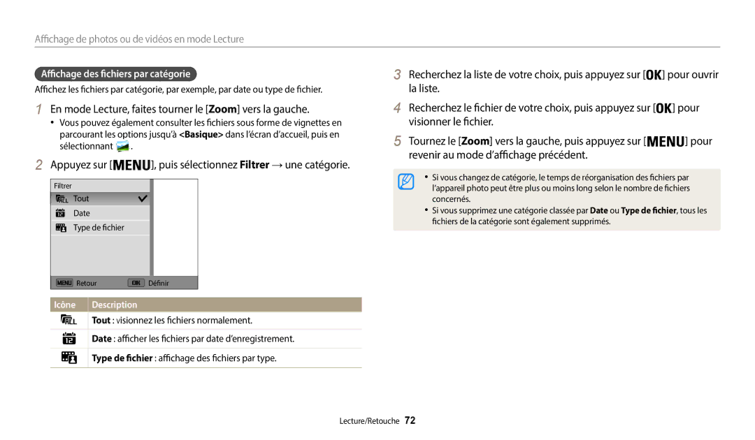 Samsung EC-WB35FZBPBFR manual En mode Lecture, faites tourner le Zoom vers la gauche, Affichage des fichiers par catégorie 