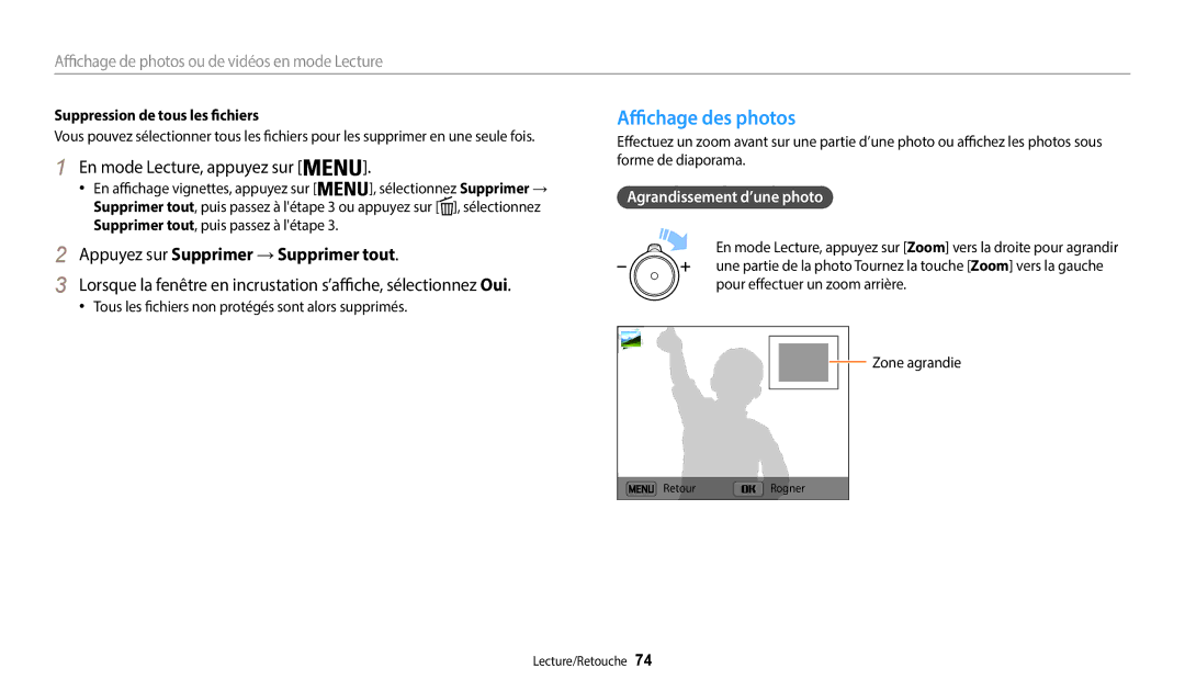 Samsung EC-WB37FZBDBFR manual Affichage des photos, Appuyez sur Supprimer → Supprimer tout, Agrandissement d’une photo 