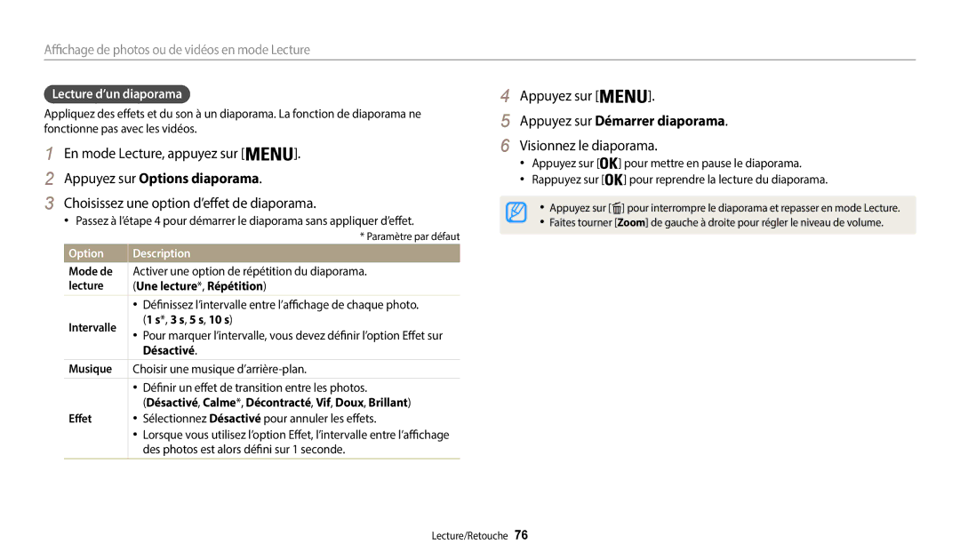 Samsung EC-WB35FZBPBFR Appuyez sur Options diaporama, Choisissez une option d’effet de diaporama, Visionnez le diaporama 