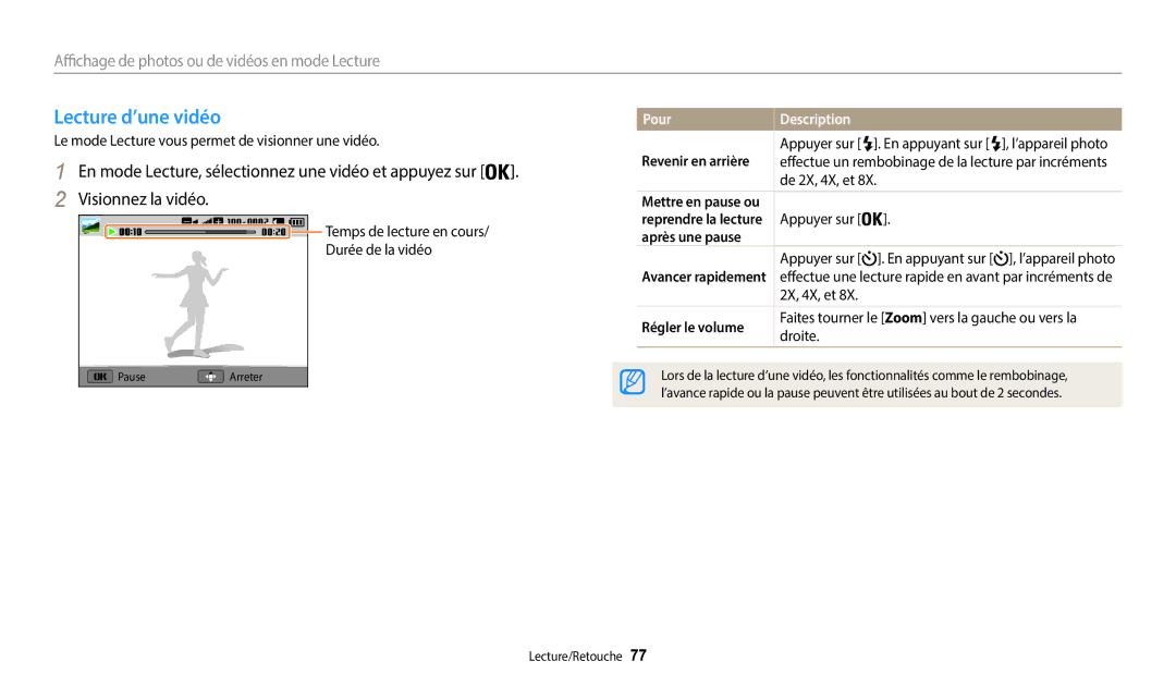 Samsung EC-WB35FZBPWFR, EC-WB37FZBDWFR manual Lecture d’une vidéo, Revenir en arrière, Après une pause, Régler le volume 